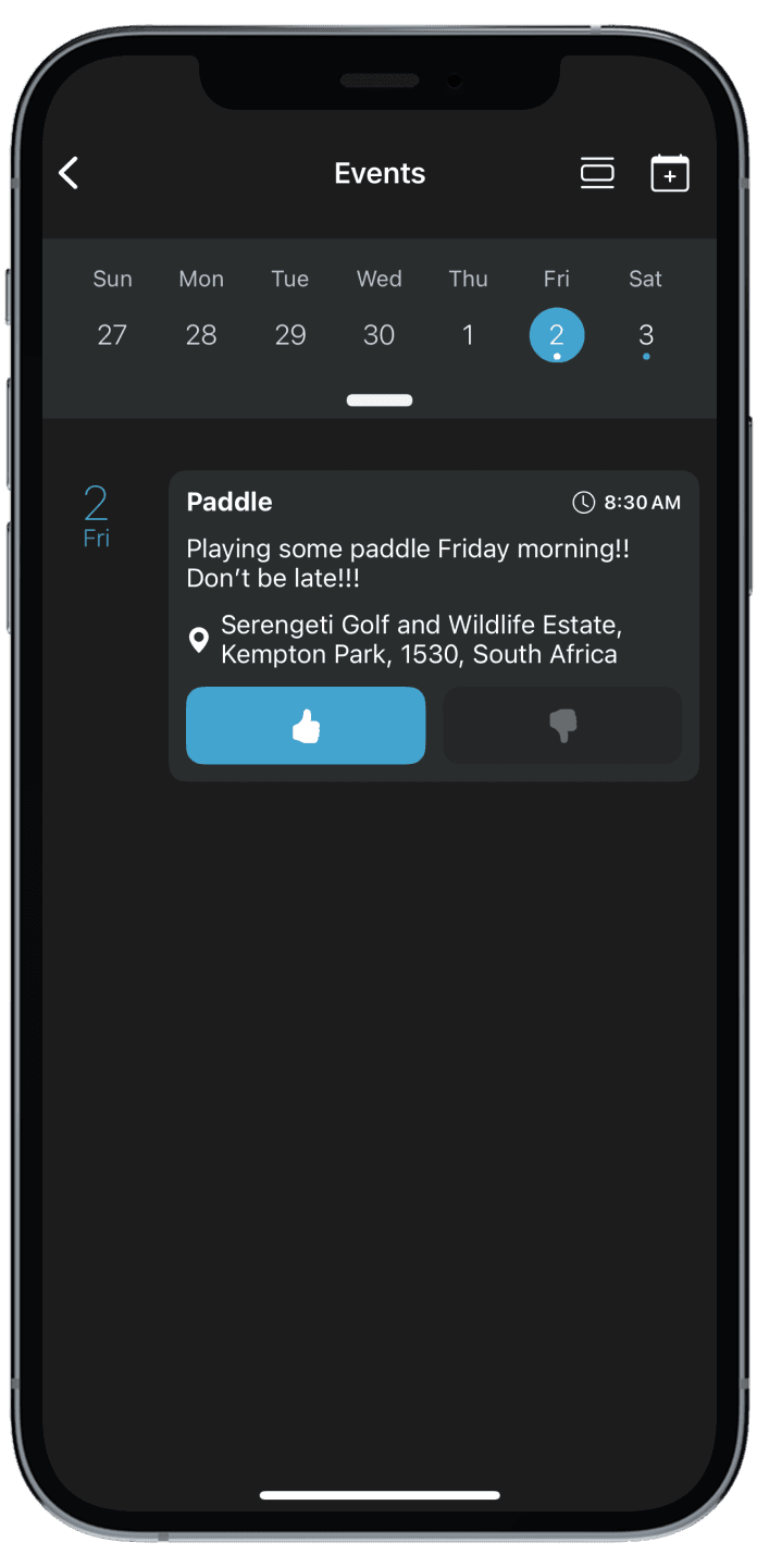 Events calendar for the week, with a Friday 8:30 AM padel plan, its location, and thumbs-up and thumbs-down buttons to respond.