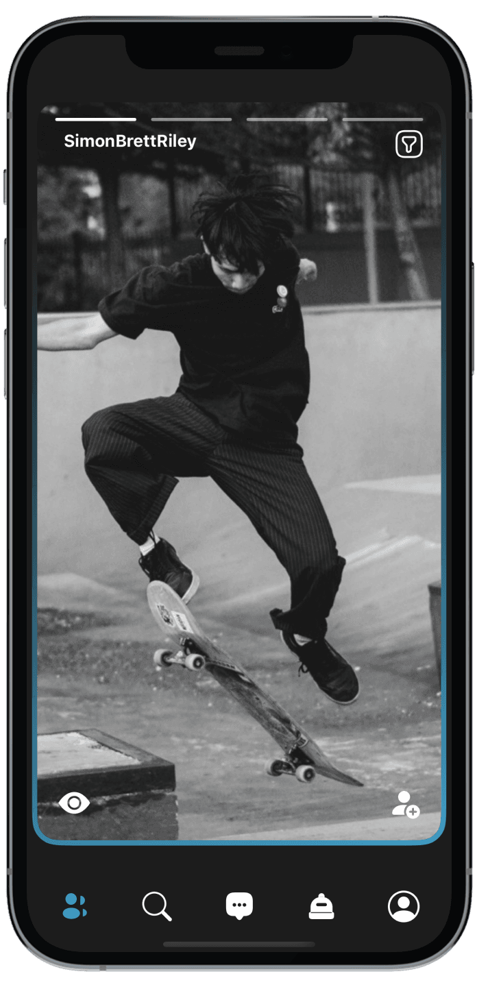 Discover screen showing a member's profile card: a black-and-white photo of a skateboarder mid-trick, with buttons to view the profile and add a friend.