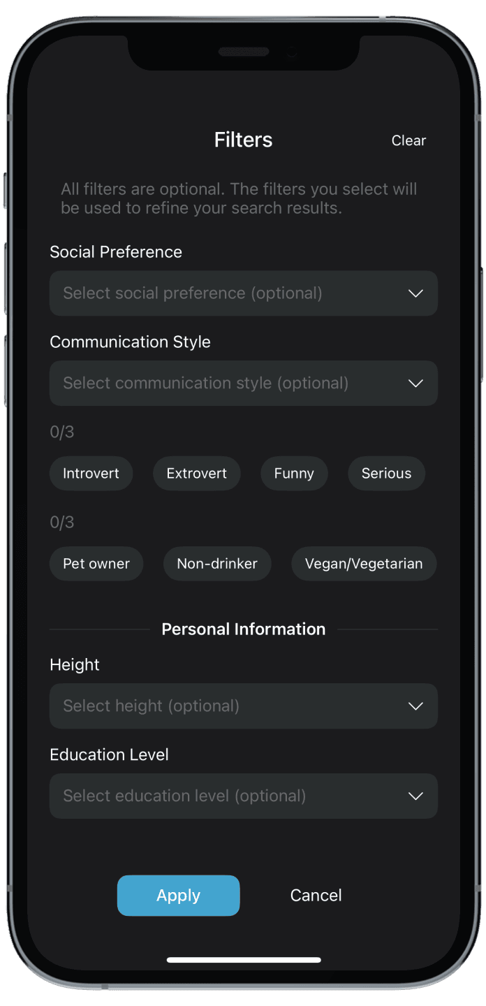 Discover filters for social preference, communication style, interest tags such as Introvert and Pet owner, height and education level.