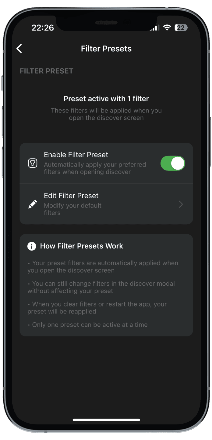 Filter Presets settings with a toggle to apply saved filters automatically when Discover opens, and a short explainer of how presets work.