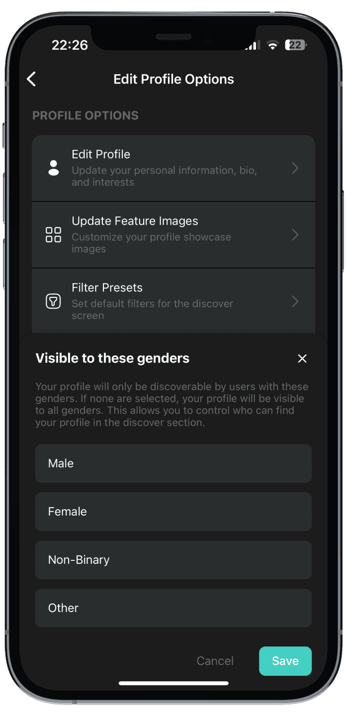 Profile options with a 'Visible to these genders' sheet, letting a member choose who can find their profile in Discover.
